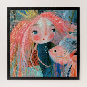 Mermaid Princess With Pink Fish Friend Jigsaw Puzzle