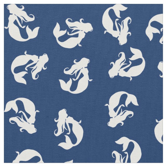 Mermaid Print Fabric navy blue and White (Close Up)