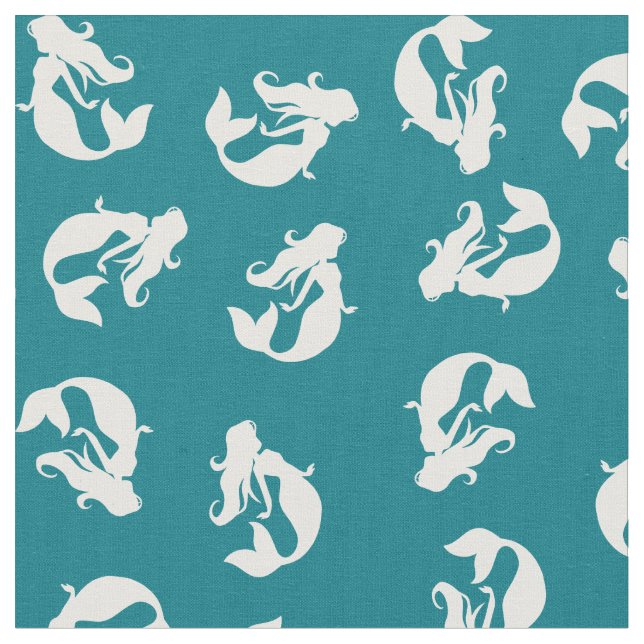 Mermaid Print Fabric Teal Turquoise and White (Close Up)