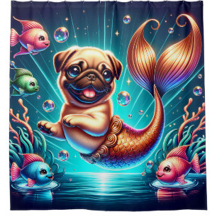 “Mermaid Pug Puppy - Whimsical Fantasy Art” Shower Curtain