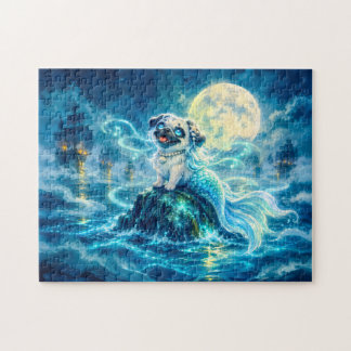 Mermaid Pug Singing on Moonlit Ocean Rock Jigsaw Puzzle