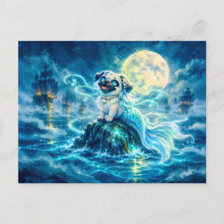 Mermaid Pug Singing on Moonlit Ocean Rock Postcard