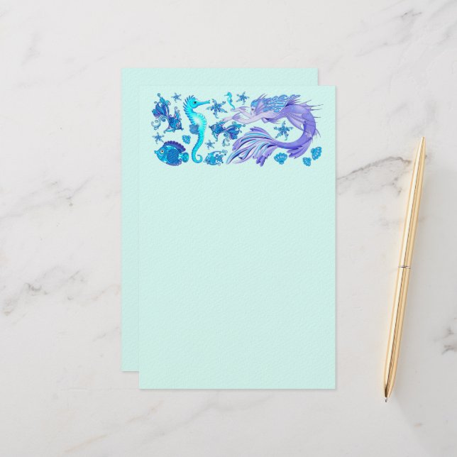 Mermaid Purple Fairy Creature Stationery (Front/Back In Situ)