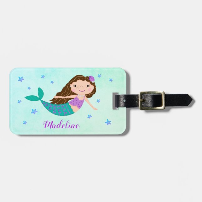 Mermaid Purple Glitter Name Luggage Tag (Front Horizontal)