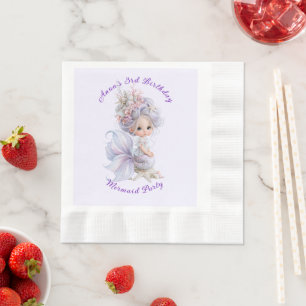 Mermaid Purple Hair Birthday Party Seashells Napkin