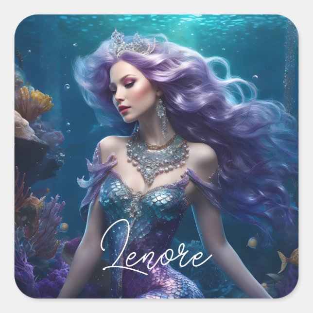 Mermaid Purple Hair Square Sticker (Front)