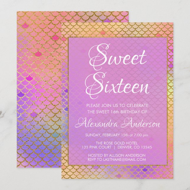Mermaid Purple, Pink and Yellow Sweet 16 Birthday Invitation (Front/Back)