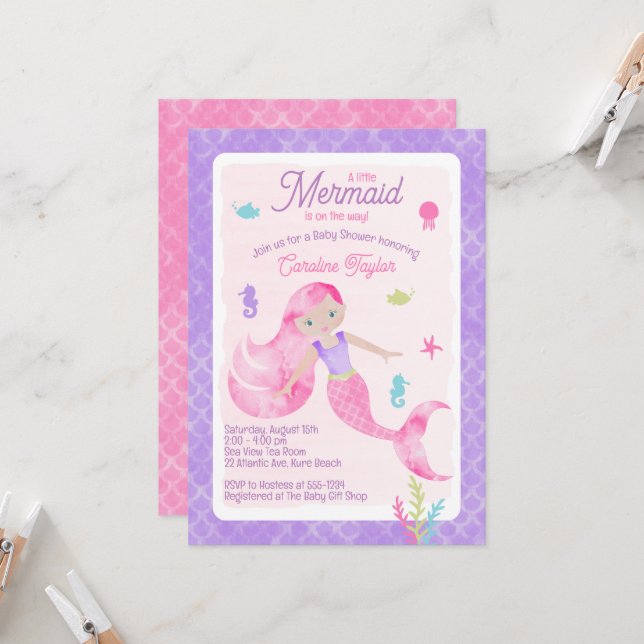 Mermaid Purple Pink Watercolor Baby Shower Invitation (Front/Back In Situ)