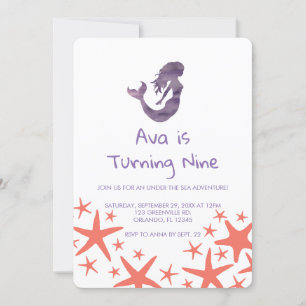 Mermaid Purple Starfish Birthday Invitation