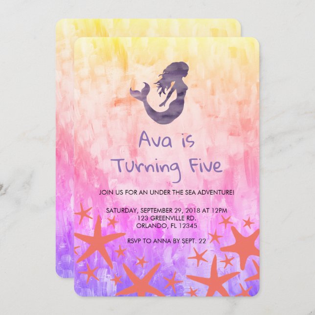 Mermaid Purple Starfish Birthday Invitation (Front/Back)