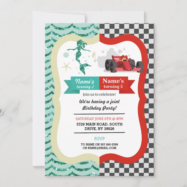 Mermaid & Racing Car Joint Boy girl Birthday Invitation (Front)
