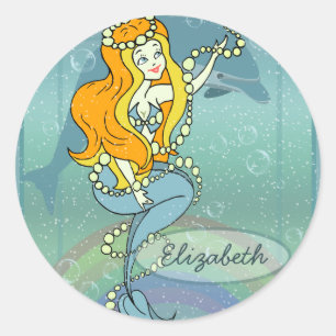 Mermaid Rainbow and Dolphin Illustration Design Classic Round Sticker