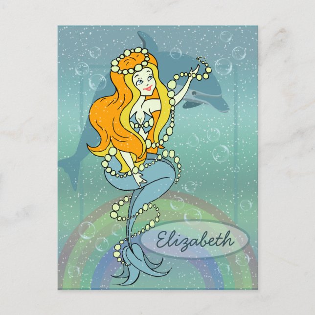 Mermaid Rainbow and Dolphin Illustration Design Postcard (Front)