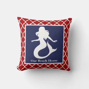 Mermaid Red White Blue Nautical Personalise Name Cushion