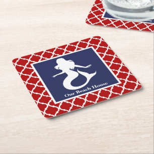 Mermaid Red White Blue Nautical Personalise Name Square Paper Coaster
