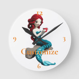 Mermaid Relaxing With Beverage Thunder_Cove Round Clock