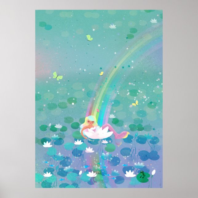 Mermaid resting in a water lily kids’ illustration poster (Front)