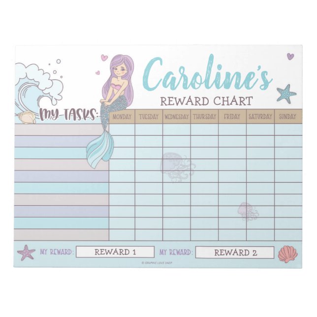 Mermaid Reward Chart Personalised Name & Tasks Notepad (Front)