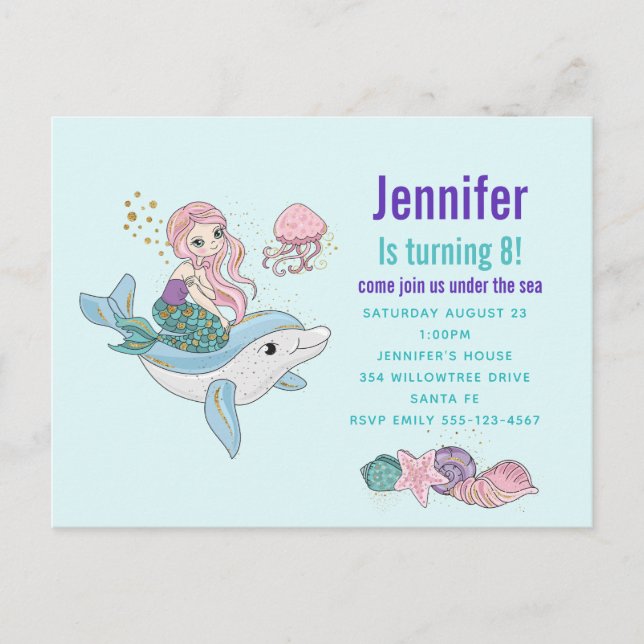 Mermaid Riding a Dolphin Fantasy Birthday Party Invitation Postcard (Front)