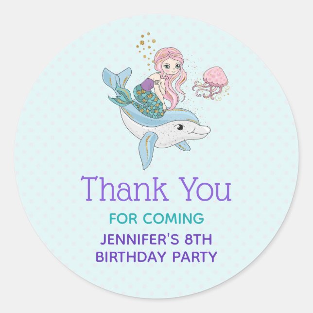 Mermaid Riding a Dolphin Under the Sea Birthday Classic Round Sticker (Front)