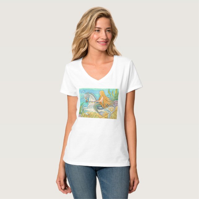 Mermaid Riding Merhorse Unicorn V NECK T SHIRT (Front Full)