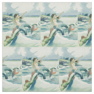 Mermaid Riding Sea Serpent Thunder_Cove  Fabric