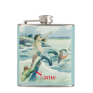 Mermaid Riding Sea Serpent Thunder_Cove Hip Flask