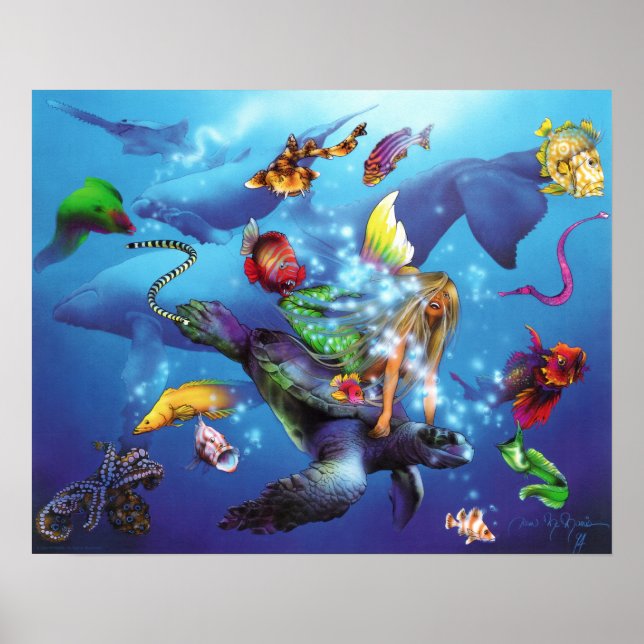Mermaid Riding Sea Turtle Poster (Front)