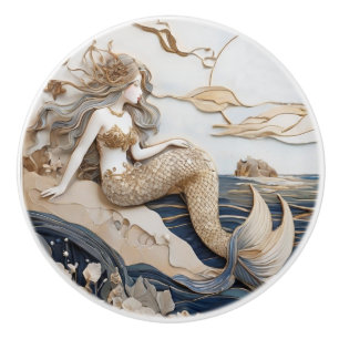 Mermaid Right Facing Faux Relief Japanese art Ceramic Knob