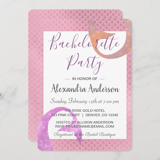 Mermaid Rose Gold Sparkle Bachelorette Party Invitation (Front/Back)
