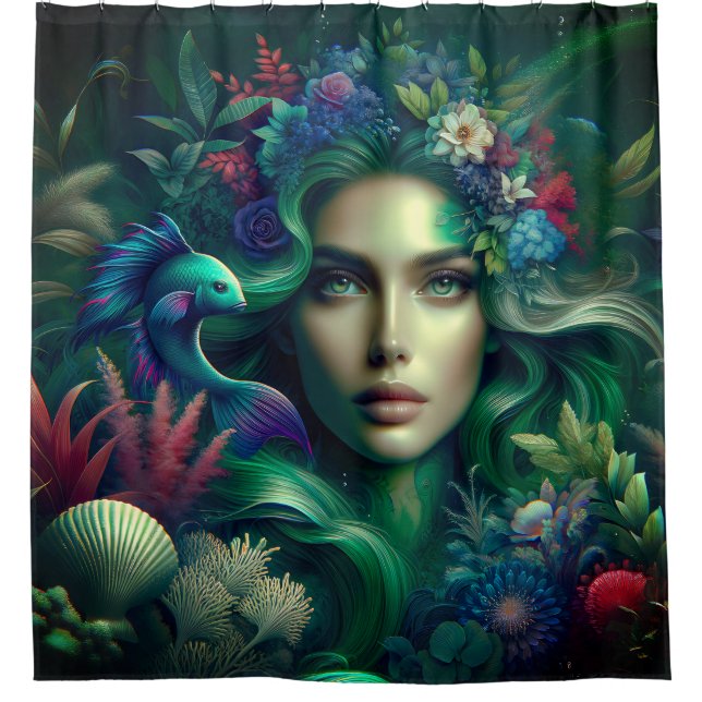 "Mermaid’s Floral Haven" Shower Curtain (Front)