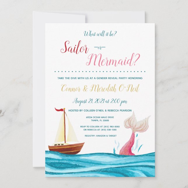 Mermaid/Sailor Nautical Gender Reveal Invitation (Front)