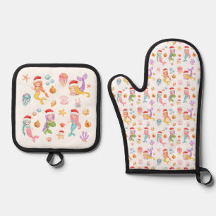 Mermaid Santa Pattern Oven Mitt & Pot Holder Set