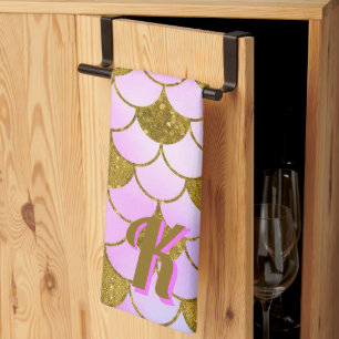 Mermaid Scale Pattern Purple Gold Glitter Initial Tea Towel