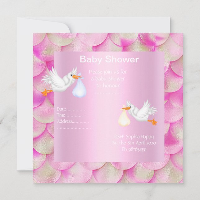 Mermaid scale pink stork invitation (Front)