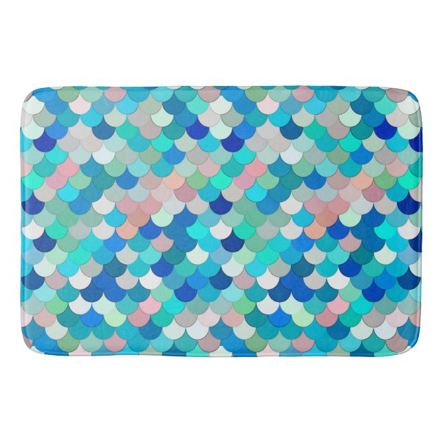 Mermaid Scales, Aqua, Shell Pink, and Cobalt  Bath Mat (Front)