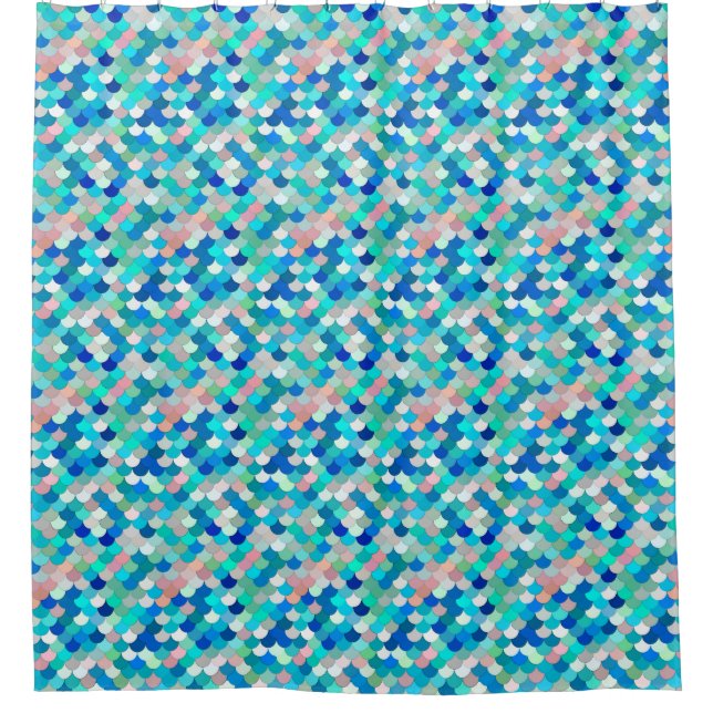Mermaid Scales, Aqua, Shell Pink, and Cobalt  Shower Curtain (Front)