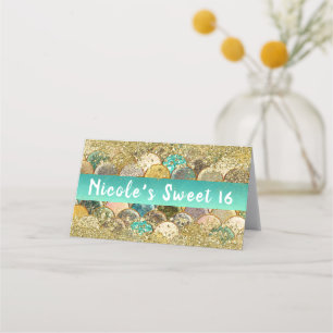 Mermaid Scales Cascading Gold Glitter Table Seat Place Card