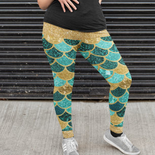 Mermaid Scales Colourful Pretty Gold Glitter Teal Leggings
