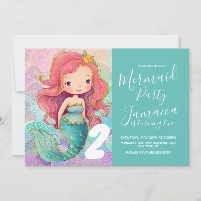 Mermaid Scales Girls Pink Hair Glam Birthday Party Invitation (Front)