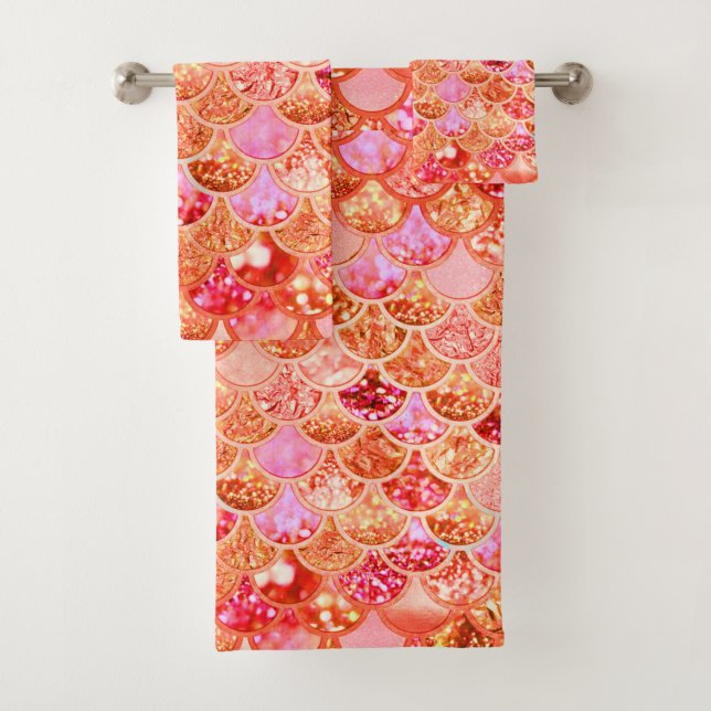 Mermaid Scales Glitter Multi Pink Coral Bath Towel Set (Insitu)
