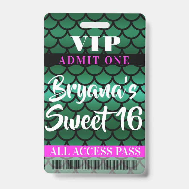Mermaid Scales Green Black Party Sweet 16 VIP Pass ID Badge (Front)