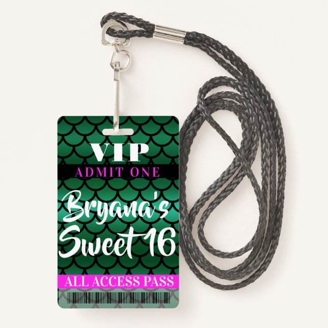 Mermaid Scales Green Black Party Sweet 16 VIP Pass ID Badge (Front with Lanyard)