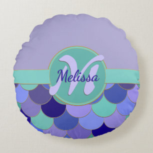 Mermaid Scales Monogram + Name Purple & Aqua Teal Round Cushion