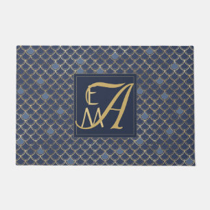 Mermaid Scales Monogram Navy Blue Gold Home Decor Doormat