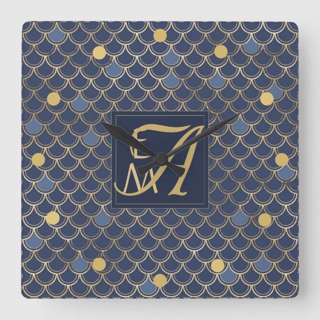 Mermaid Scales Monogram Navy Blue Gold Home Decor Square Wall Clock (Front)