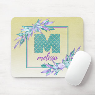 Mermaid Scales Monogram Watercolor Ombre Floral Mouse Pad