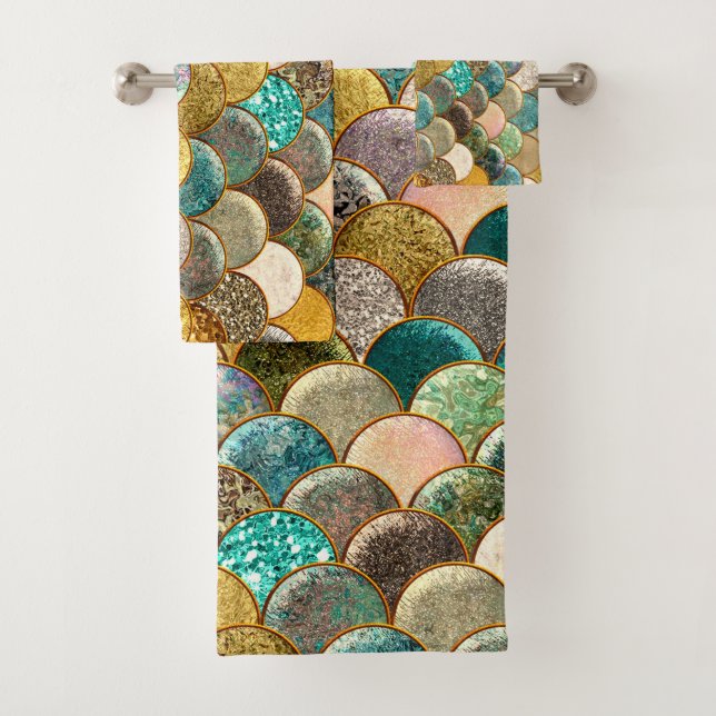 Mermaid Scales Multi Colour Glitter Glam Modern Bath Towel Set (Insitu)