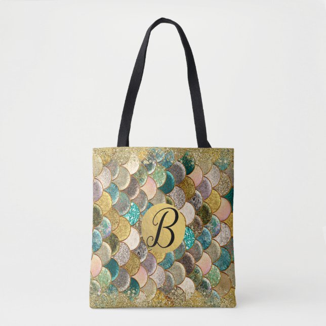 Mermaid Scales Multi Colour Glitter Glam Trendy Tote Bag (Front)