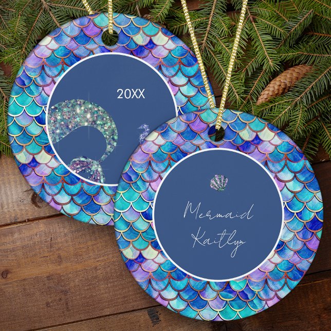 Mermaid Scales Pattern Girls Name Christmas Ceramic Tree Decoration (Creator Uploaded)